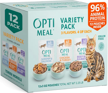 Optimeal Wet Cat Food Variety Pack - Grain Free Tender Morsels, High Protein Premium Nutrition Made with Natural European Ingredients in Savory Gravy, Adult Cat Food Wet Pouches 3oz Pouch (Pack of 12)
