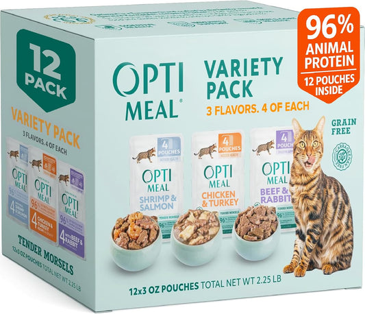 Optimeal Wet Cat Food Variety Pack - Grain Free Tender Morsels, High Protein Premium Nutrition Made with Natural European Ingredients in Savory Gravy, Adult Cat Food Wet Pouches 3oz Pouch (Pack of 12)