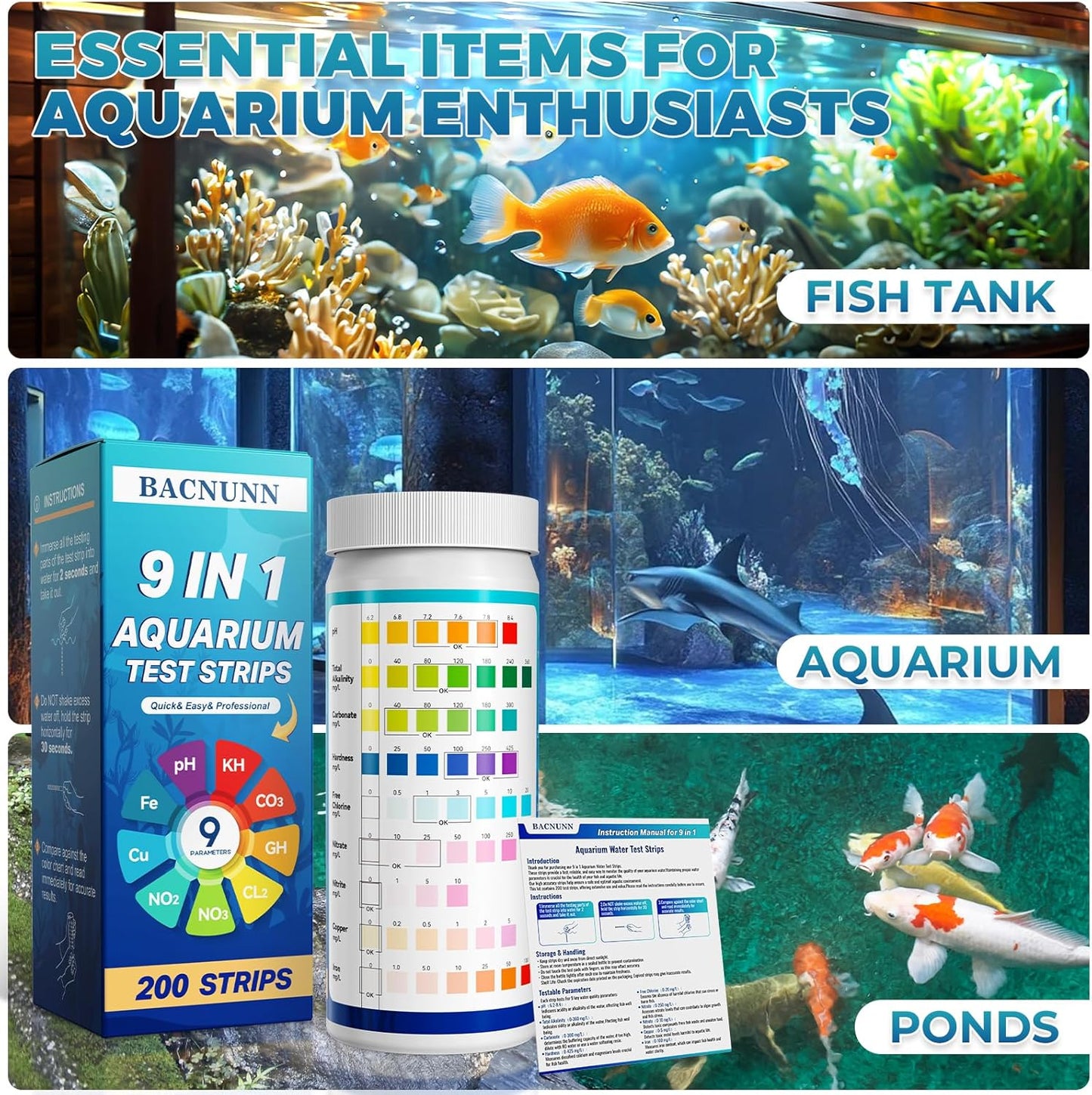 Aquarium Test Strips: 200CT 9 in 1 Quick & Accurate Fish Tank Water Testing Kit for Freshwater Pond Testing Nitrate Nitrite Hardness Free Chlorine pH Carbonate Total Alkalinity Copper Iron