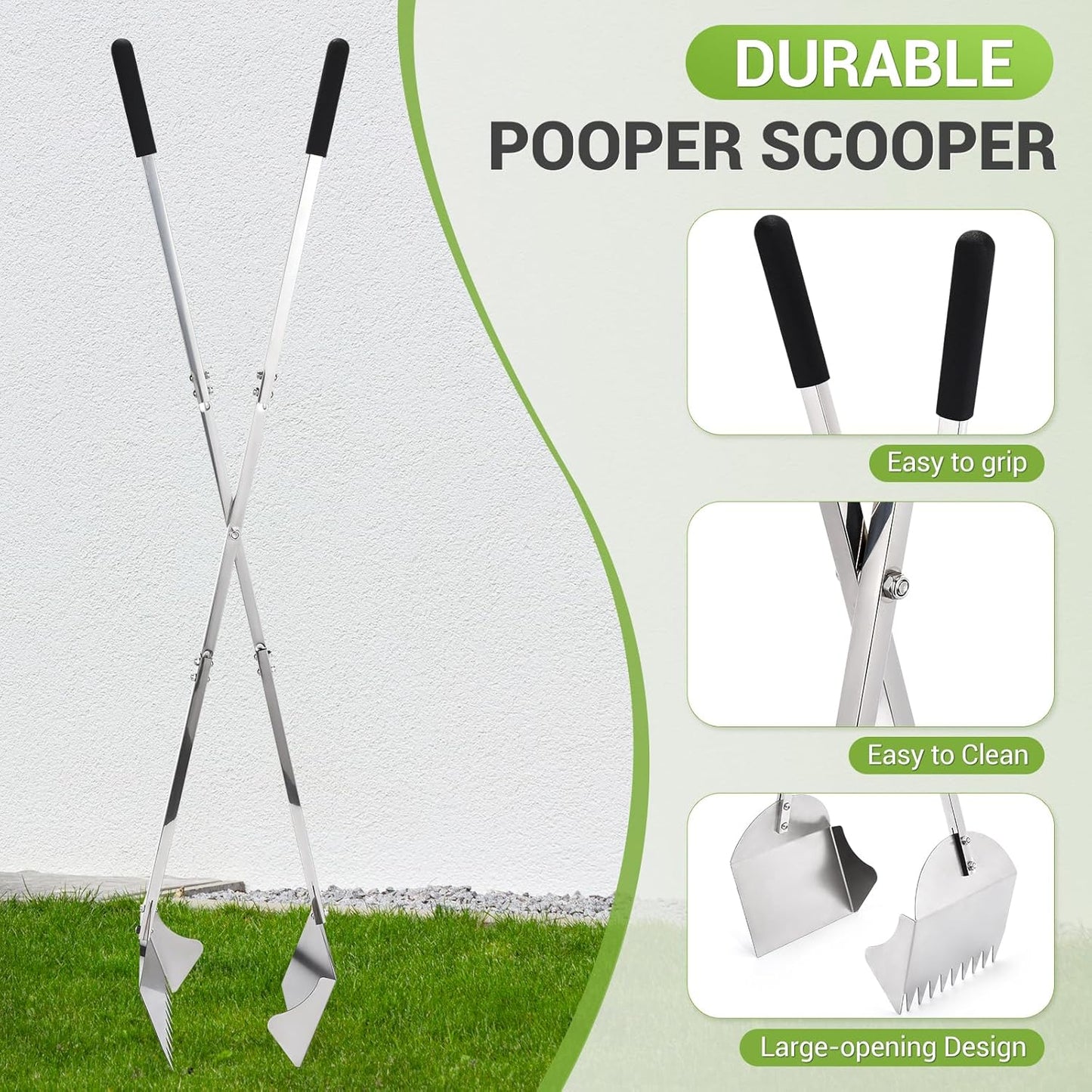 48" Metal Pooper Scooper for Large Dogs, Heavy Duty Stainless Steel Dog Pooper Scooper Large Opening Long Handle for Pet Waste Removal, Grass, Dirt, Gravel,Yard, Indoor, Outdoor