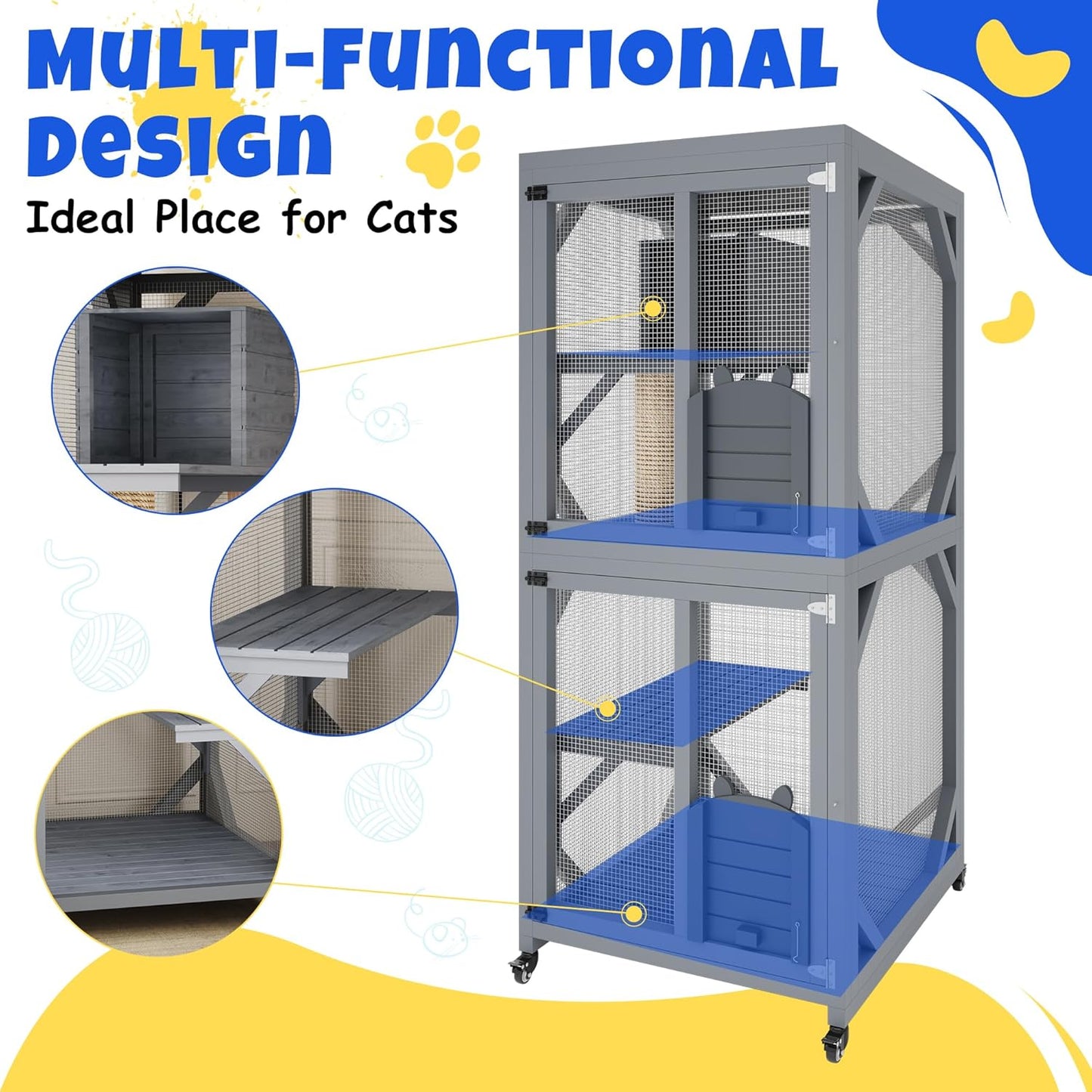 68'' Window Catio Outdoor Cat Enclosure On Wheels, Large Cats Kitty House with Waterproof Roof, Cat Playpen Outside Cattery with Platforms, Resting Box and Scratching Post
