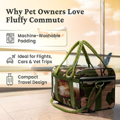 FLUFFY COMMUTE™ TSA Airline Approved Dog Carrier | Soft-Sided | Fits Small Dogs & Pets Up to 15 lbs & 17” Long × 11” Tall | Camo w/Green Handle