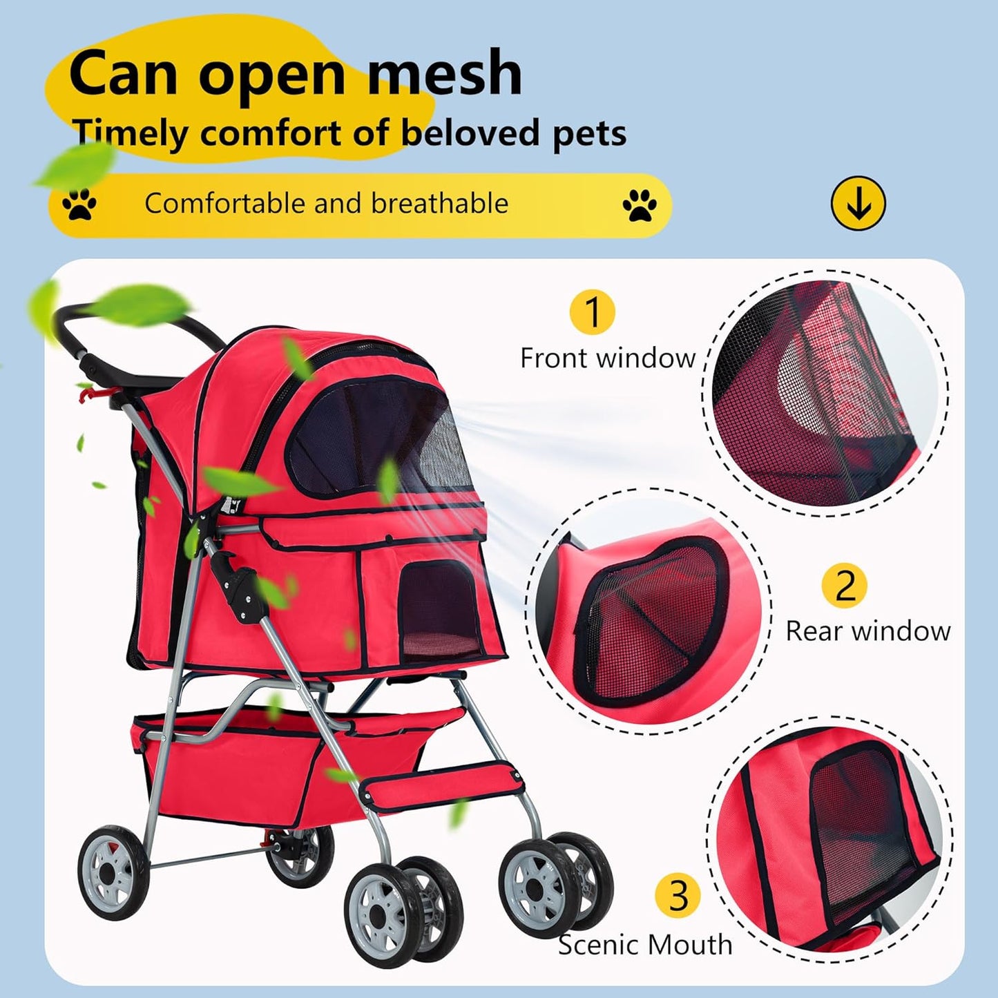 FDW Pet Stroller 4-Wheel Dog Cat Stroller Travel Folding Carrier Puppy Stroller with Cup Holder and Removable Liner for Small Medium Dogs Cats, Red