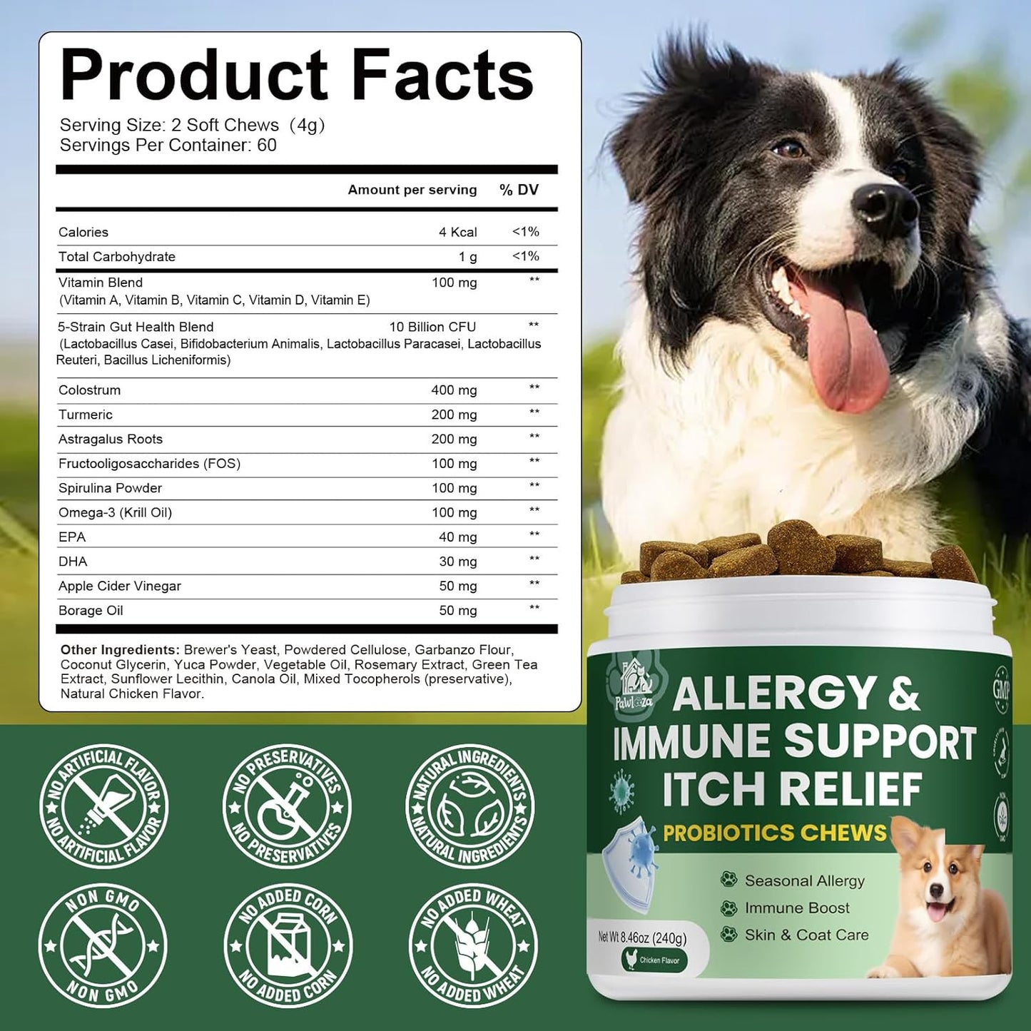 Probiotics for Dogs, Improve Itchy Skin Itchy Ears, Yeast Balance, Immune Support, Dog Probiotics (10 Billion CFU) for Dog Skin & Cost Care, Allergy Relief Chews + Vitamins Blend (120 Ct) Chicken