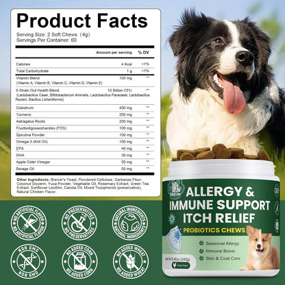 Probiotics for Dogs, Improve Itchy Skin Itchy Ears, Yeast Balance, Immune Support, Dog Probiotics (10 Billion CFU) for Dog Skin & Cost Care, Allergy Relief Chews + Vitamins Blend (120 Ct) Chicken
