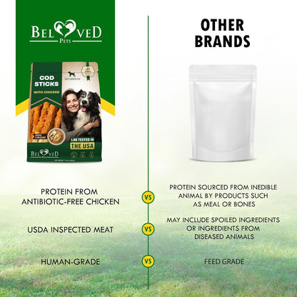 Beloved Pets Dog Treats Rawhide - Free Cod Sticks Chicken Wrapped 10.6 oz - All Natural & Grain Free Long Lasting Chews for Large & Small Dogs - Dried Pet Snacks - Support Healthy Teeth & Skin Coat