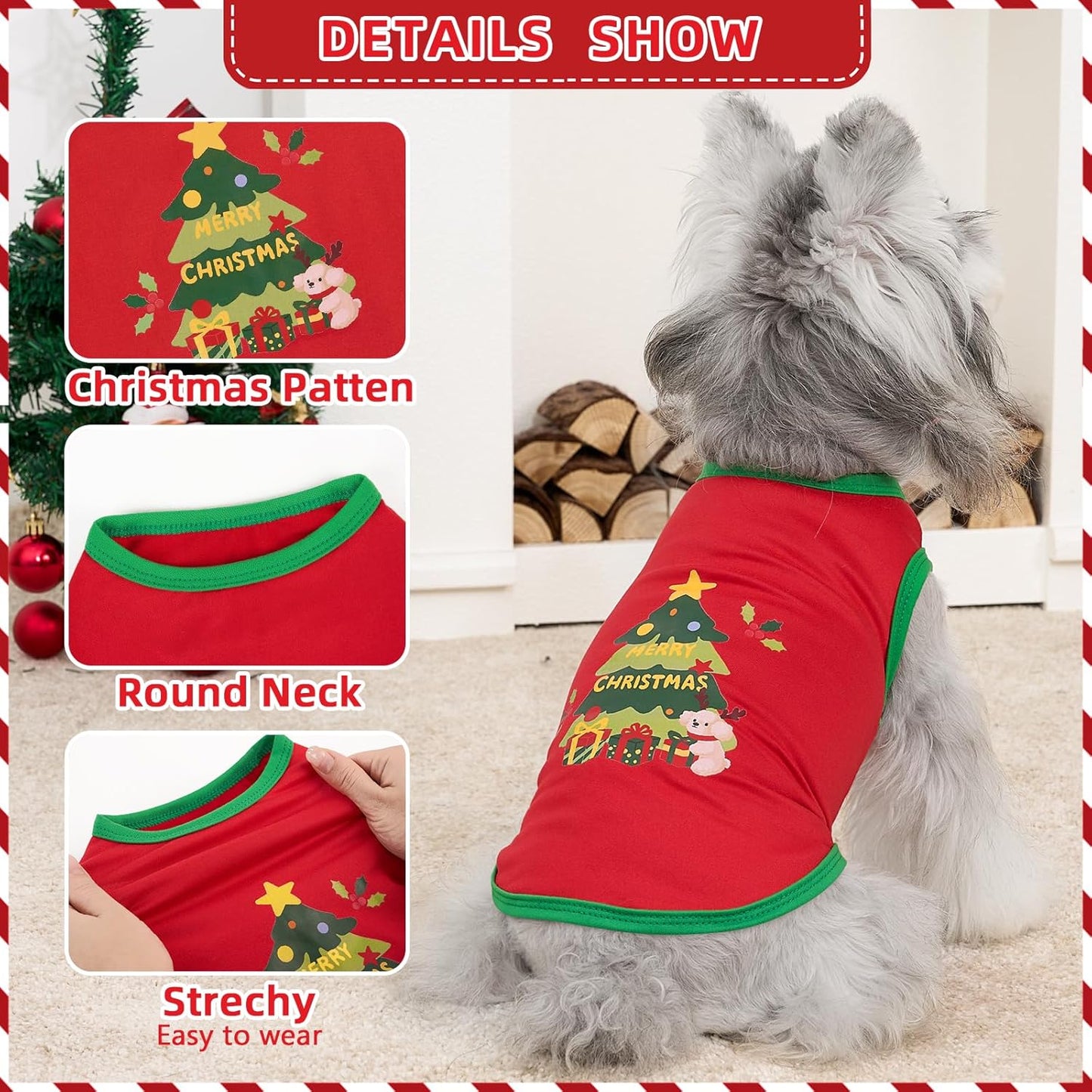 XPUDAC 4 Pack Christmas Dog Shirts Doggy Sleeveless Vest for Small Medium Large Dogs Boy Girl Xmas Puppy Tank Top Tee Shirts Pet Outfit Costume Cat Apparel, Red, Green, Black, 5XL