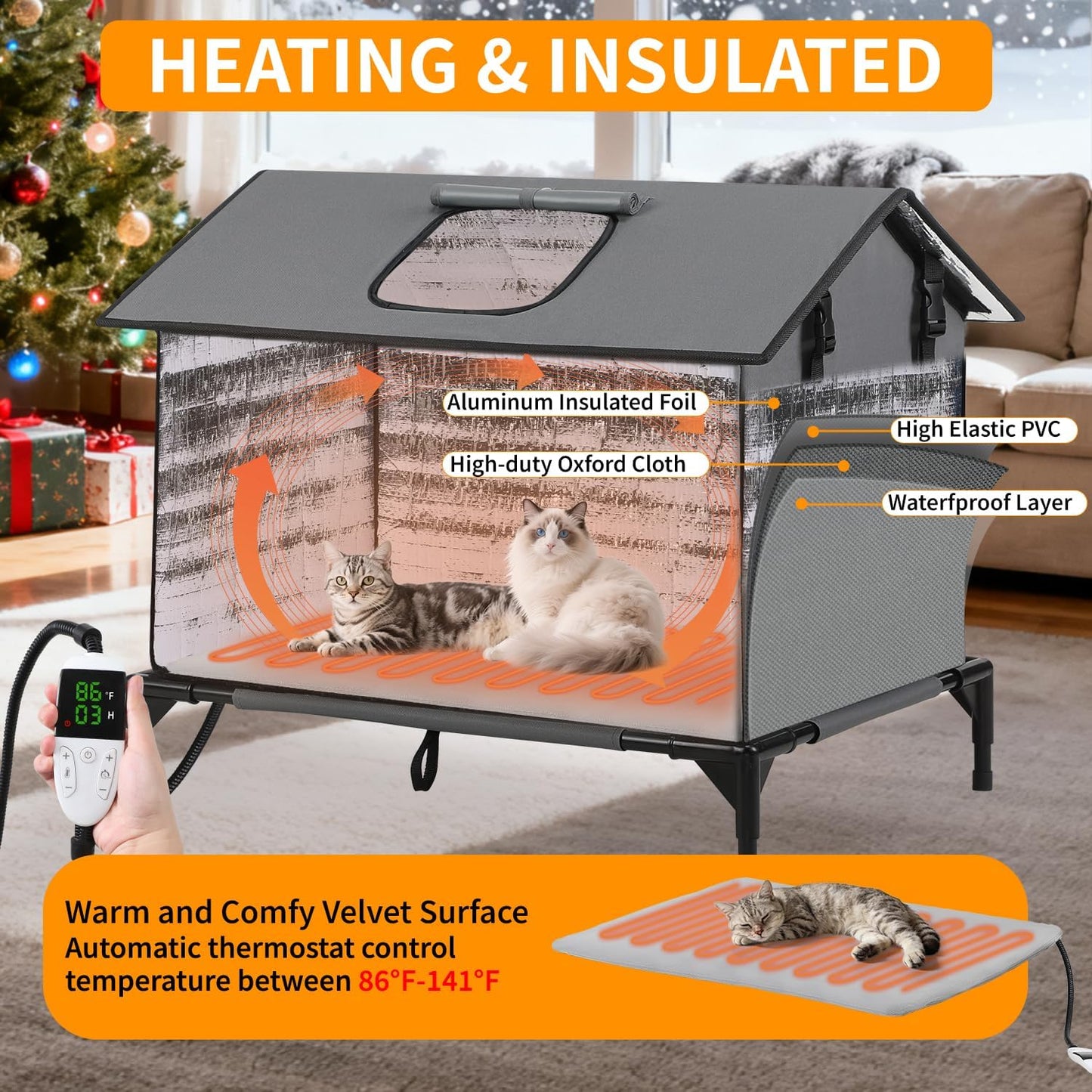 Large Heated Cat House for Outside, Weatherproof Insulated Indoor Outdoor Cat House with Adjustable Heating Pad, Escape Door & Elevated Base, Warm Shelter for Feral Stray Barn Cats, 25”Lx19”Wx22”H