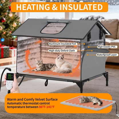 Large Heated Cat House for Outside, Weatherproof Insulated Indoor Outdoor Cat House with Adjustable Heating Pad, Escape Door & Elevated Base, Warm Shelter for Feral Stray Barn Cats, 25”Lx19”Wx22”H