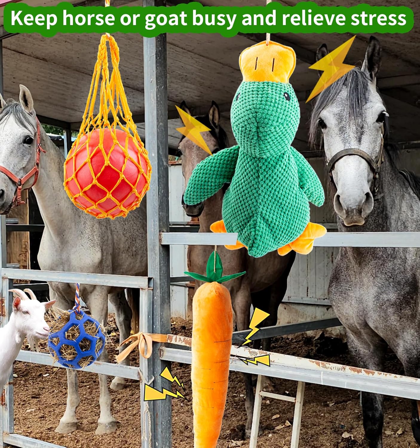 Horse Toys for Horses 5 PCS Set, Goats Enrichment Toys, Including Hay Net, Hay Ball, Toy Ball, Squeaky Duck, Plush Carrot Toy with Hanging Ropes for Goat,Sheep to Play with, Relieve Stress
