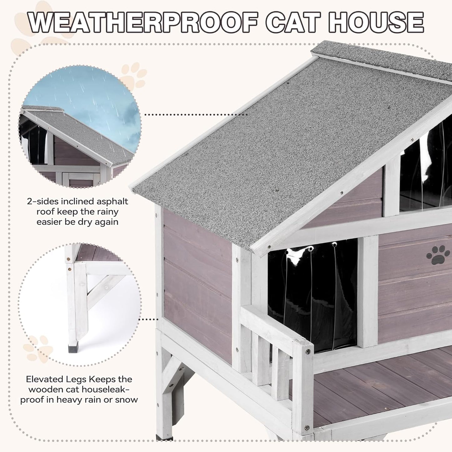 Outdoor Cat House Weatherproof with Balcony - Large Insulated Wooden Shelter for Multiple Cats, All-Weather Feral Cat Shelter for Winter
