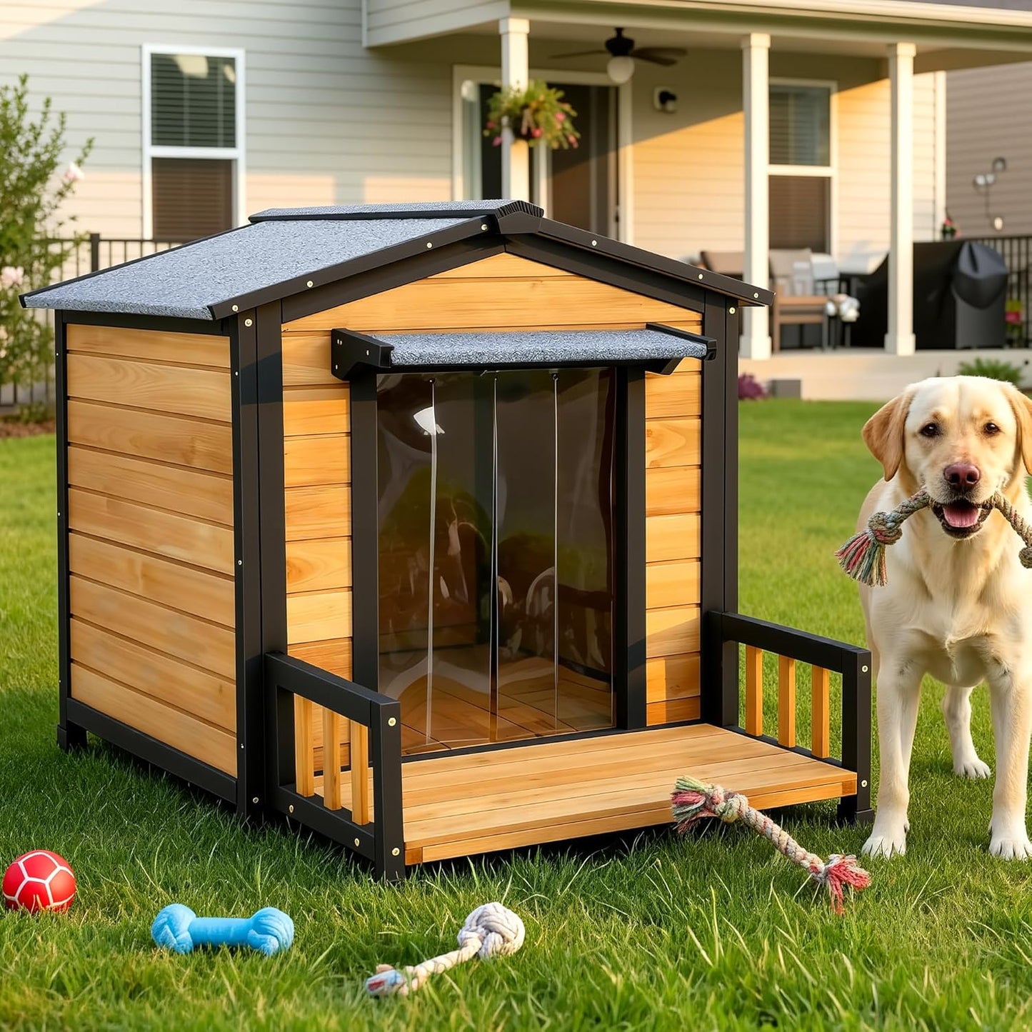 Large Indoor Outdoor Dog House,Wood Insulated Dog House,Weatherproof Outside Shelter with Elevated Floor,Easy to Assemble(43.2" L x32.7 W x 31.8" H)