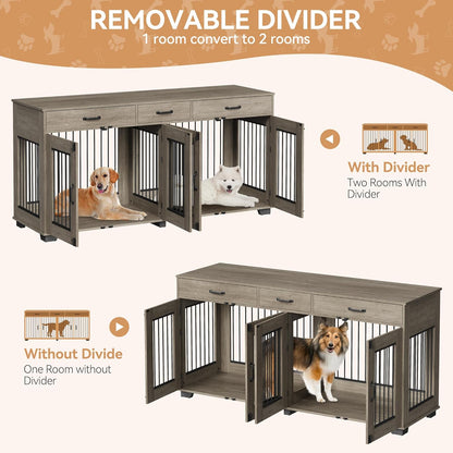 XXL Wooden Double Dog Crate Furniture for 2 Large or Medium Dogs – Indoor Kennel with 3 Drawers, Removable Divider, Double Doors, TV Stand & End Table, Classic Oak (Grey)