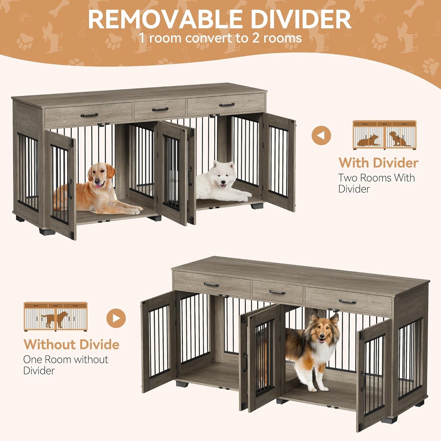 XXL Wooden Double Dog Crate Furniture for 2 Large or Medium Dogs – Indoor Kennel with 3 Drawers, Removable Divider, Double Doors, TV Stand & End Table, Classic Oak (Grey)