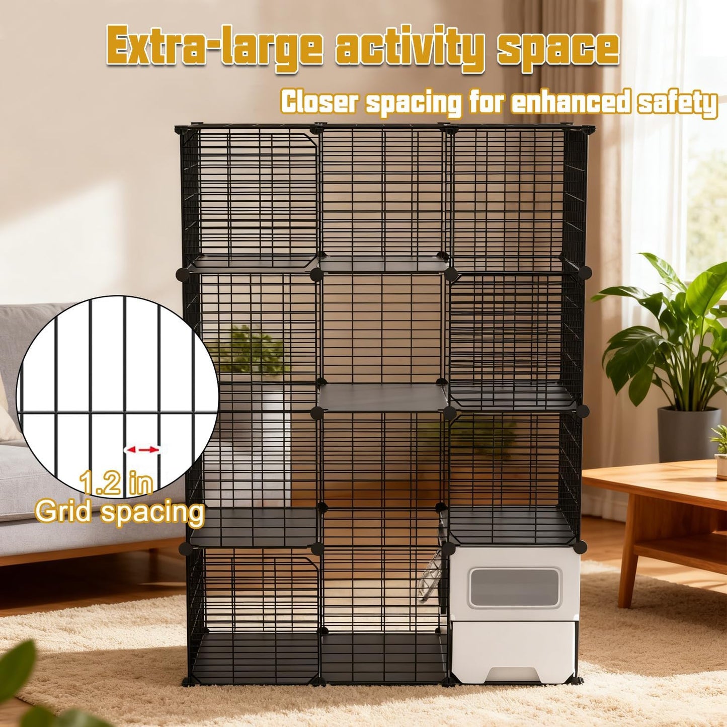 Cat Cage Indoor with Litter Box 4-Tier DIY Cat Crate, Cat Playpen Indoor & Outdoor Detachable Metal Wire Large Exercise Place Ideal