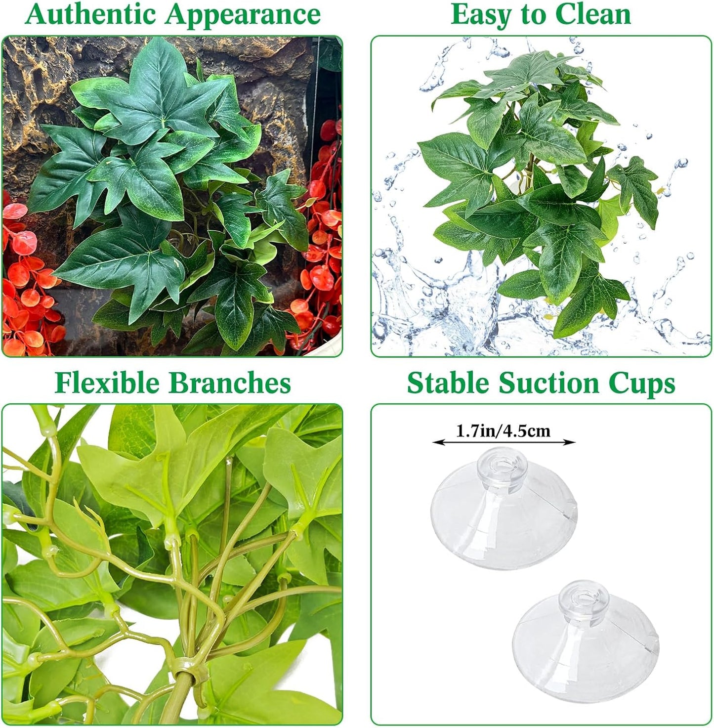 VCEPJH 2 Pack Reptile Wood Branches, Snake Climbing Branch Natural Bearded Dragon Log and Plants with Suction Cup Amphibian Habitat Decor 2 Pcs Artificial Leaves for Bearded Dragon, Lizard, Snake