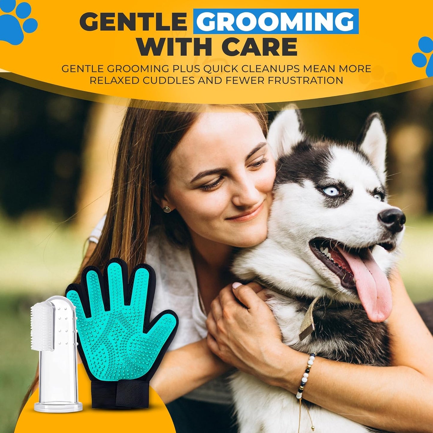 Dog Toothbrush Kit + Pet Hair Removal Glove – 4 Silicone Finger Toothbrushes with Travel Cases – Pet Dental Care & Teeth Cleaning, Plaque & Tartar Control – Dog Grooming Gloves – Free QR eBook