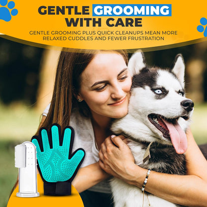 Dog Toothbrush Kit + Pet Hair Removal Glove – 4 Silicone Finger Toothbrushes with Travel Cases – Pet Dental Care & Teeth Cleaning, Plaque & Tartar Control – Dog Grooming Gloves – Free QR eBook