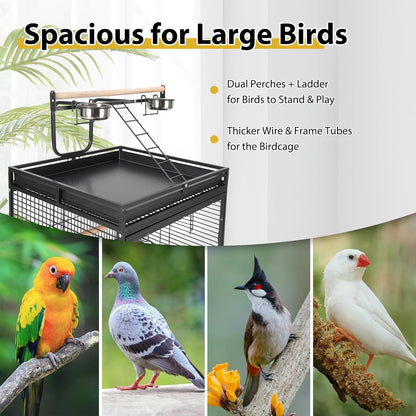 65 Inch Playtop Wrought Iron Large Parrot Bird Cages with Rolling Stand,4 Stainless Steel Bowls,Slide-Out Tray for Cockatiels Quaker Conure Parakeet Lovebird Finch Canary Small Medium Parrot Cage