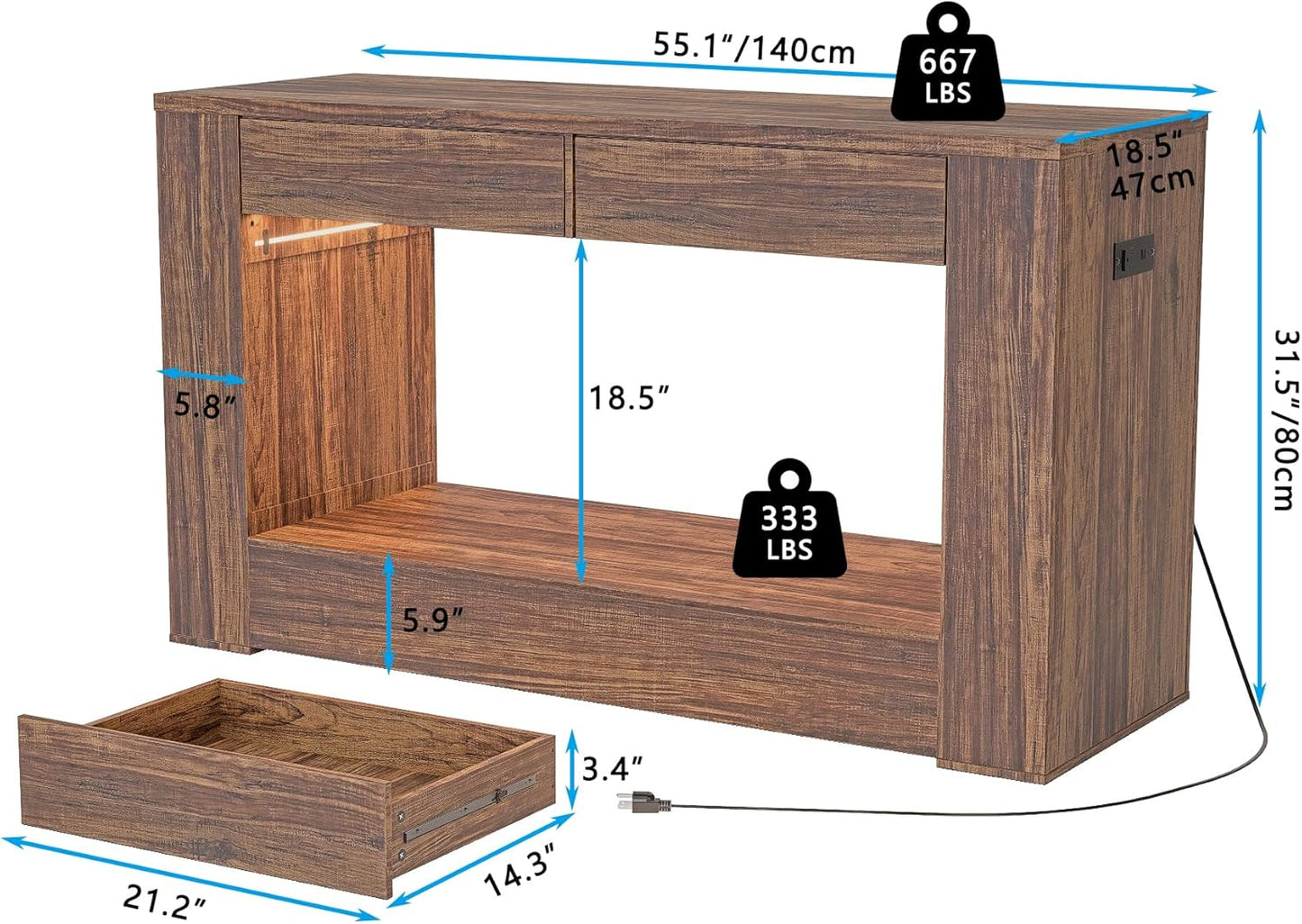 55–75 Gallon Aquarium Stand for Fish Tank & Turtle ,Reptile,Amphibian Terrariums, MDF Tabletop & Drawers, Reinforced Metal Frame, LED Lighting, Power Outlets (Rustic Brown)