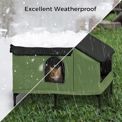 Heated Cat House for Outside, Outdoor Cat House Featuring Escape Door & Dinning Room in Winter, 100% Waterproof Cat Shelter with Heater for Strays, Ferals Barn Cat, Insulated Warm House