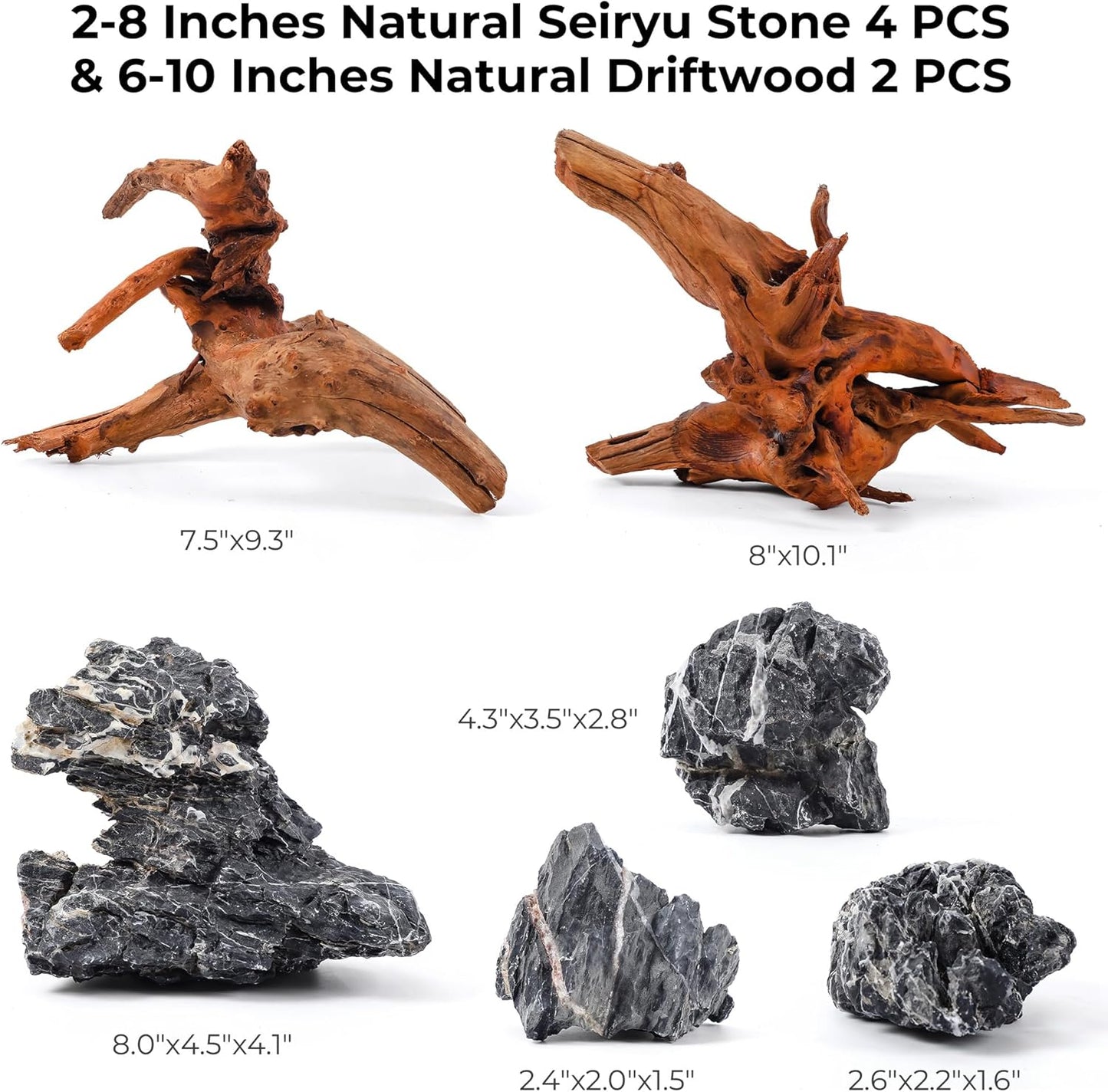 Aquarium Rocks & Driftwood Decor Kit, 2-8 Inches Natural Seiryu Stone 4 PCS for Aquascaping, 6-10 Inches Natural Driftwood 2 PCS for Fish Tank Decoration, Reptile and Amphibian Enclosures