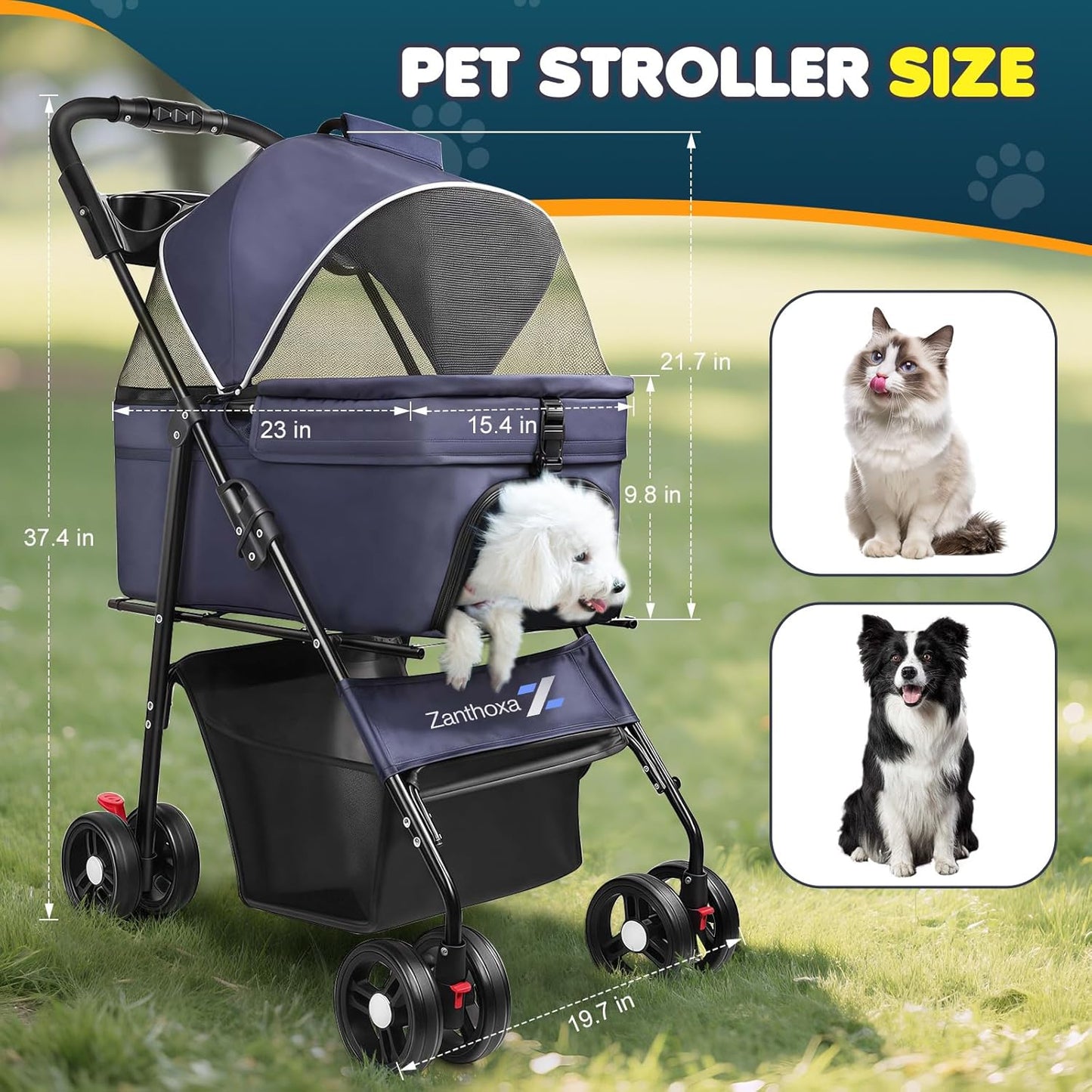 Dog Stroller for Medium Dogs 20 lbs, Pet Stroller for Small Dogs and Cats with 4 Wheels, Easily Folding & Compact Portable, Up to 45 Ibs with Detachable Basket, Cup Holder and Breathable Mesh