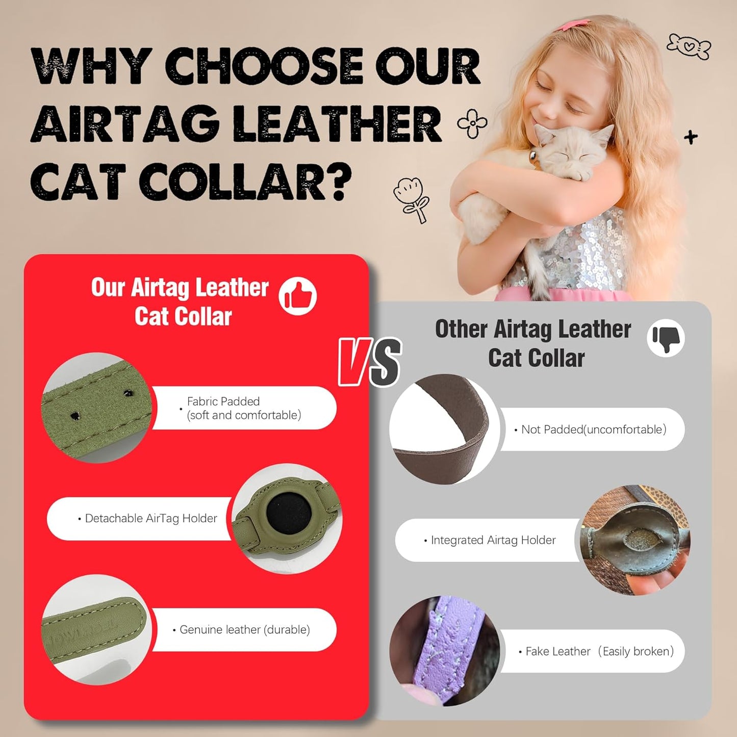 AirTag Cat Collar with Bell & Fabric Liner - Pet Collar Leather Cat Collar - Non Breakaway Leather Kitten Collar with AirTag Holder - GPS Cat Collars for Boy Cats, Girl Cats (Olive Green)