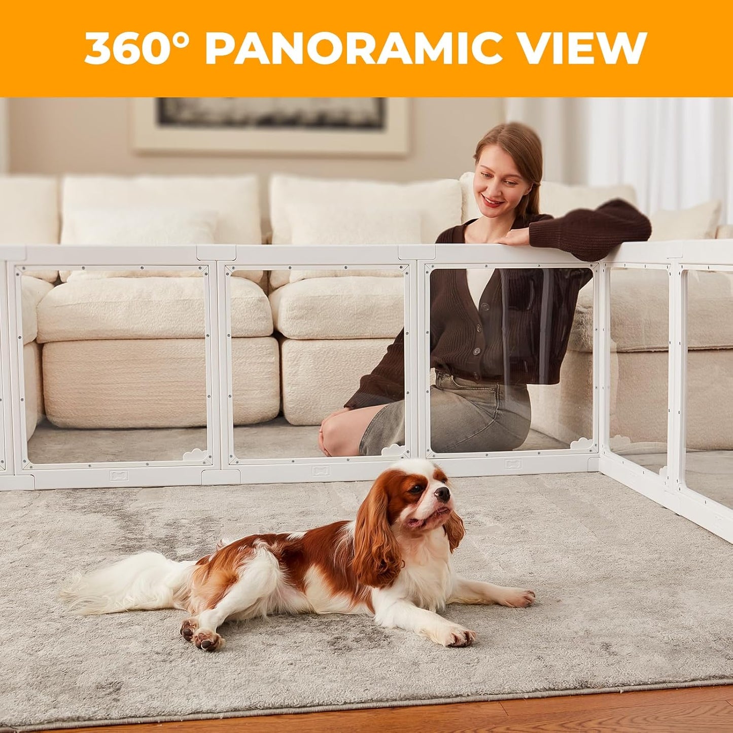 Acrylic Dog Playpen Indoor, Clear Dog Play Pen for Puppies and Small Dogs, Easy Assembly & Clean Puppy Pen (23.6", 8 Panels, White)