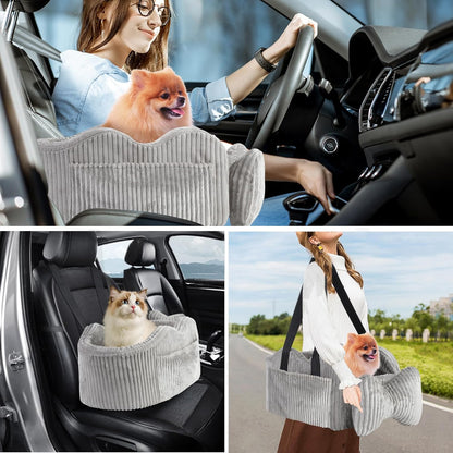 Center Console Dog Car Seat for Small Dogs, Pet Puppy Car Seats with Soft Cushion Safety Belt, Washable Cat Carseats, Pet Bed for Cars, Dog Booster Cars Seats for Dogs Small 5-15 lbs(Grey)