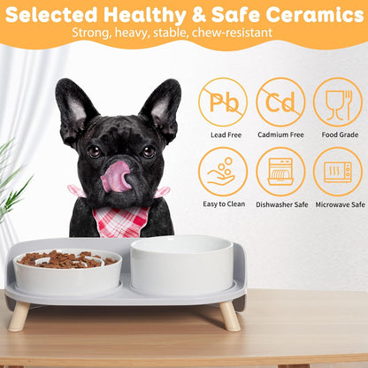 Elevated Slow Feeder Dog Bowls - Ceramic Food and Water Bowl Set with Stand - Raised Pet Dishes for Small and Medium Sized Dogs