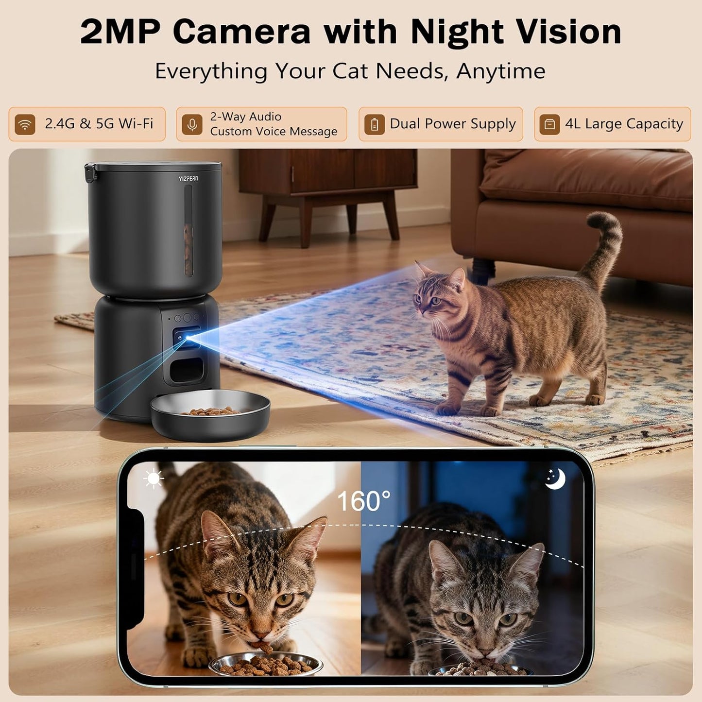 Automatic Cat Feeder with Camera, 4L Automatic Pet Feeder, Dual Power Supply, Programmable Cat Food Dispenser with 2MP Night Vision & Two-Way Audio for Cats and Small Dogs, Black
