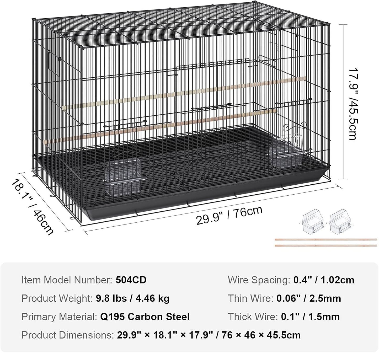 VEVOR 30 Inch Flight Bird Cage, Stackable Bird Cage Parakeet Cage with Slide-Out Tray and Handle, Small Parrots Birdcage for Cockatiels Budgies Conure Macaw Finch Lovebirds Canaries Pigeons