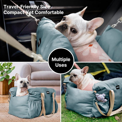 Dog Booster Car Seat for Small Dogs with Heavy Duty Safety Belt and Lock, Waterproof Detachable Dog Travel Bed for Car with Storage Pocket Up to 25lbs, Memory Foam Filling for Max Support