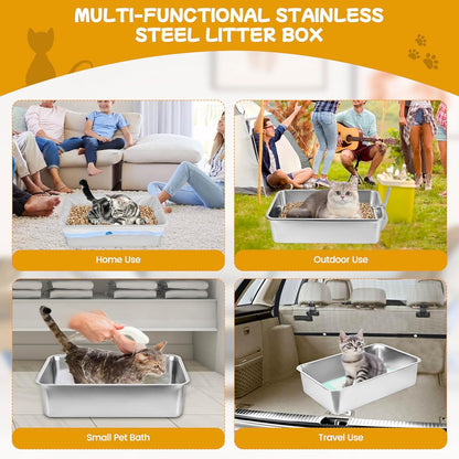 23.6''x15.7''x6'' Stainless Steel Sifting Litter Box, XL Large Metal Sifting Cat Litter Box for Pine Pellets, Litter Pan Tray System for Indoor Cats with Scoop and Pee Pad, Easy to Clean(6 Inch)
