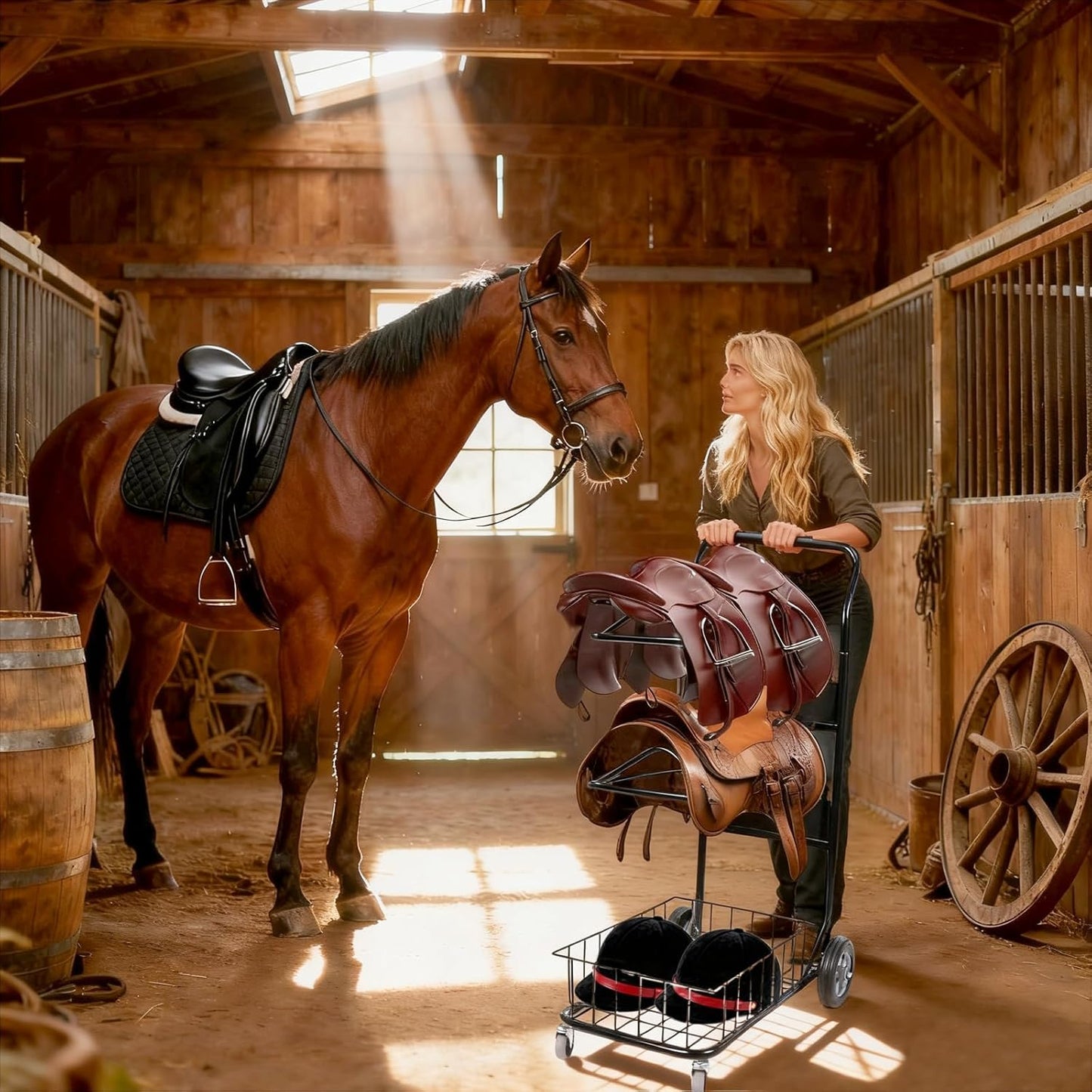 2 Tier Rolling Saddle Rack Cart with Basket,32" ×17",Foldable Horse Tack Cart with Wheels, Load 220 Lbs Capacity, Heavy Duty Horse Trailer Organizer, for Moving, Organize Tack