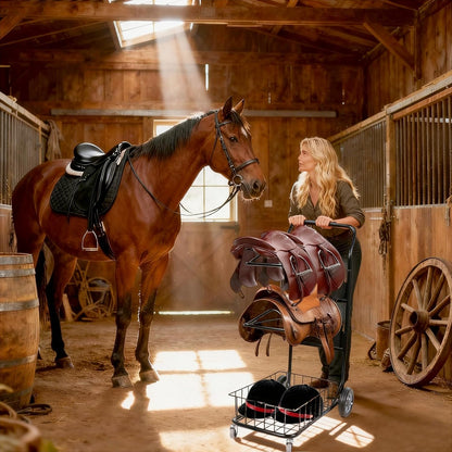 2 Tier Rolling Saddle Rack Cart with Basket,32" ×17",Foldable Horse Tack Cart with Wheels, Load 220 Lbs Capacity, Heavy Duty Horse Trailer Organizer, for Moving, Organize Tack