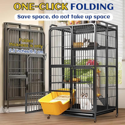 Collapsibles Cat Cages Indoor,Portable Cats Enclosures 2/3/4-Tier,Heavy-Duty Cat Playpens with Universal Wheels,Large Metal Animal cage Pet Crate No Assemblys Required (Black, 4-Tier (No Litter Box))