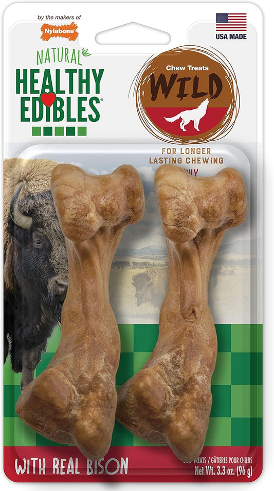 Nylabone Healthy Edibles WILD Natural Longer-Lasting Bison Flavor Bone Chew Treats for Dogs, Medium - Up to 35 lbs (2 Count)