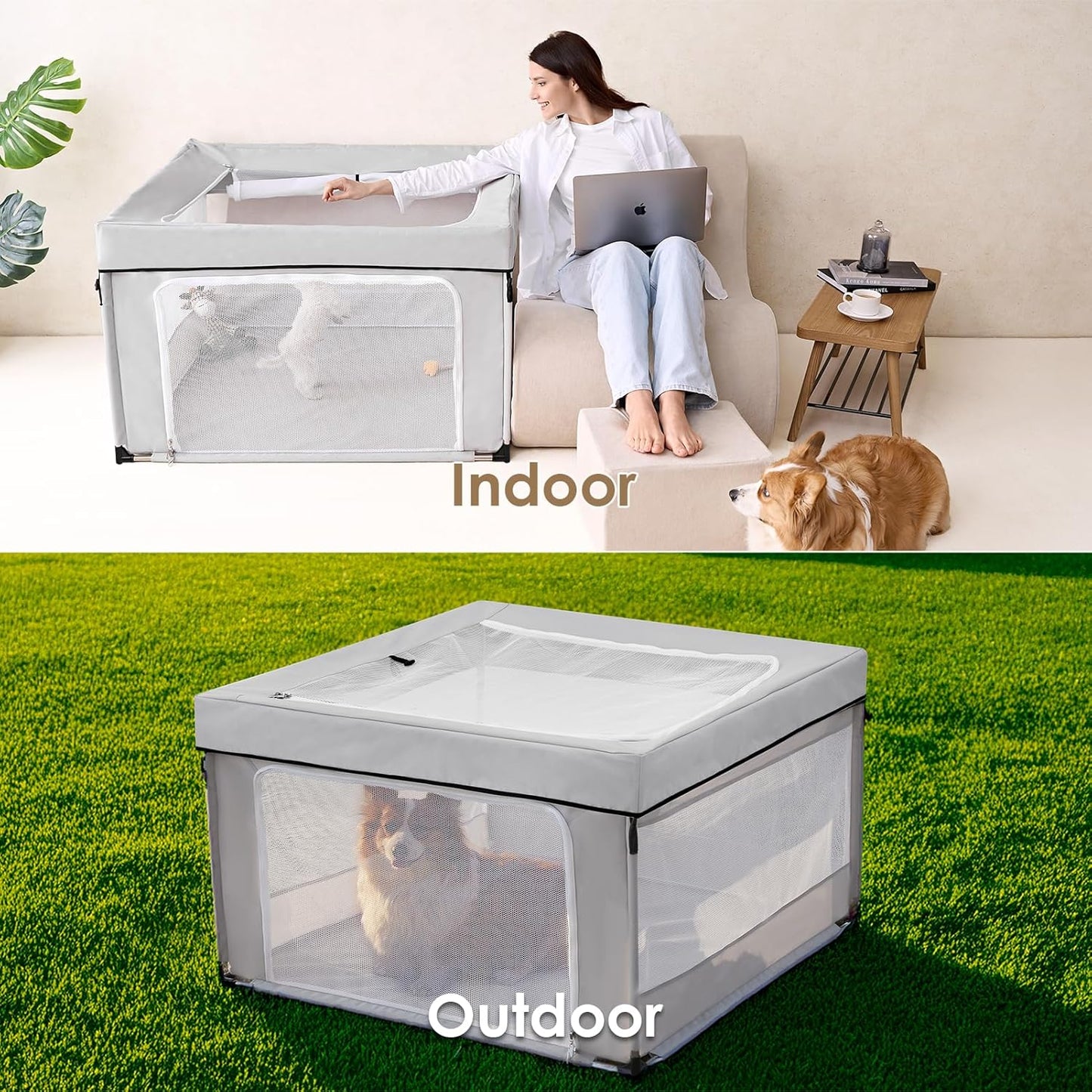 EHEYCIGA 42x42x26 Inches Puppy Playpen with Top Cover for Dogs & Cats Indoor or Outdoor - Dog Playpen with Door, Dog Fence for Small Animal with Heavy-Duty Oxford & Steel Frame, Sliver Grey