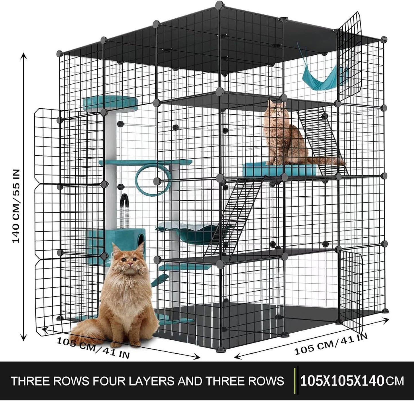 Large Cat Cage Enclosure Indoor DIY Cat Playpen Pet Home Small Animal House Detachable Metal Wire Kennels Crate Large Exercise Place Ideal for 1-4 Cat (Black, 41.3" Lx41.3 Wx55 H, 1)