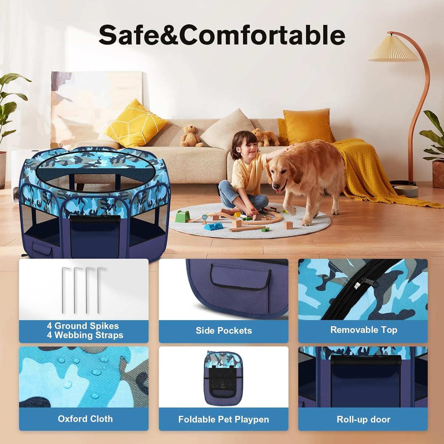 Dog Playpen, Pet Playpen, Portable Cat Playpen, Foldable Puppy Playpen Exercise Kennel Tent with Carry Case Collapsible Bowl,Water-Resistant Shade Cover for Indoor Outdoor Travel （Bule,Medium