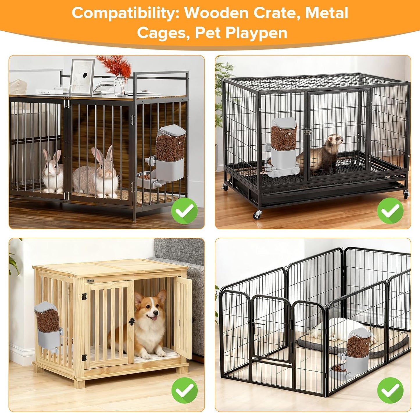 Kenond 55oz Hanging Automatic Rabbit Feeder, 1.6L Large Capacity Gravity Food Dispenser with Stainless Steel Bowl,for Dog, Cat, Ferret & Medium-Small Animals,Fits Widemouth Cages& Wire Cages & Crates