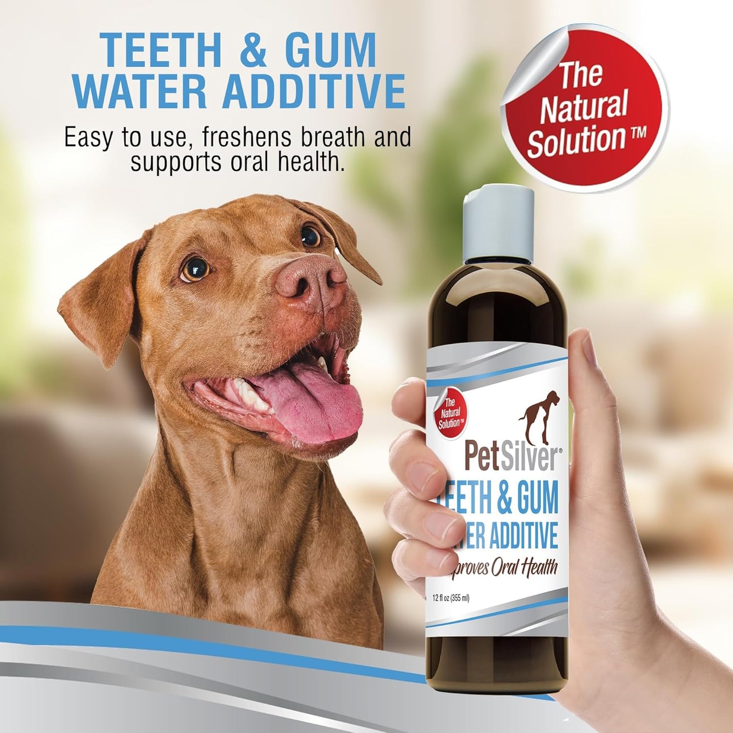 PetSilver Teeth & Gum Water Additive for Dental Care - Pet Breath Freshener - Targets Tartar, Plaque & Eliminates Bad Breath - Dog Oral Care & Cat Teeth Cleaning - No Brushing & Tasteless - 12 fl oz