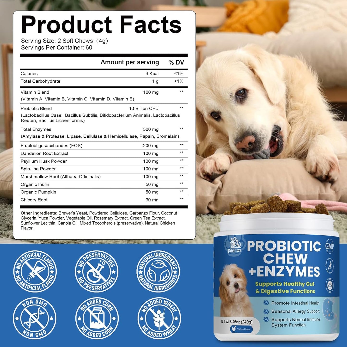 Probiotics Dog Allery Chews for Dogs, Improve Itchy Skin Itchy Ears, Yeast Balance, Gut Health, Probiotics (10 Billion CFU) for Dog Immune Health & Allergy Relief Chews + Vitamins Blend