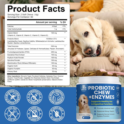 Probiotics Dog Allery Chews for Dogs, Improve Itchy Skin Itchy Ears, Yeast Balance, Gut Health, Probiotics (10 Billion CFU) for Dog Immune Health & Allergy Relief Chews + Vitamins Blend