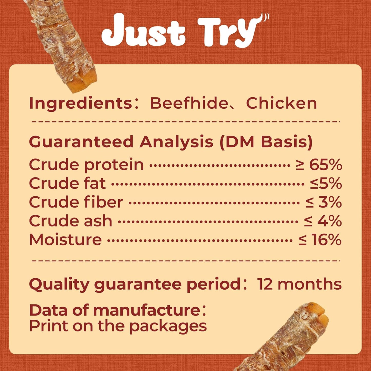 Just Try 2 Pack 10.6" Chicken Wrapped Rawhide Chew Sticks for Dogs - Long Lasting Dog Chews, Healthy Dog Bones Dental Treats for Medium Dogs