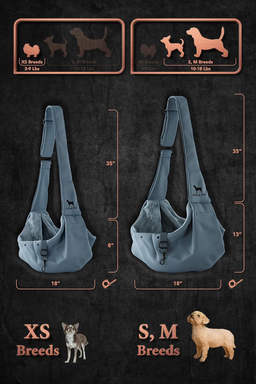 Noah & Paw Dog Sling Carrier for Small Dogs 5-18lb, Dog Sling for Small Dogs and Cats, Dog Carrier with Adjustable Padded Strap, Premium Twill, Lined with Fur, Double Safety Feature, Machine Washable