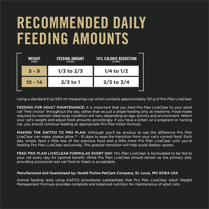 Purina Pro Plan LiveClear Cat Food Weight Management and Cat Allergen Reducer Chicken and Rice Formula - 3.2 lb. Bag