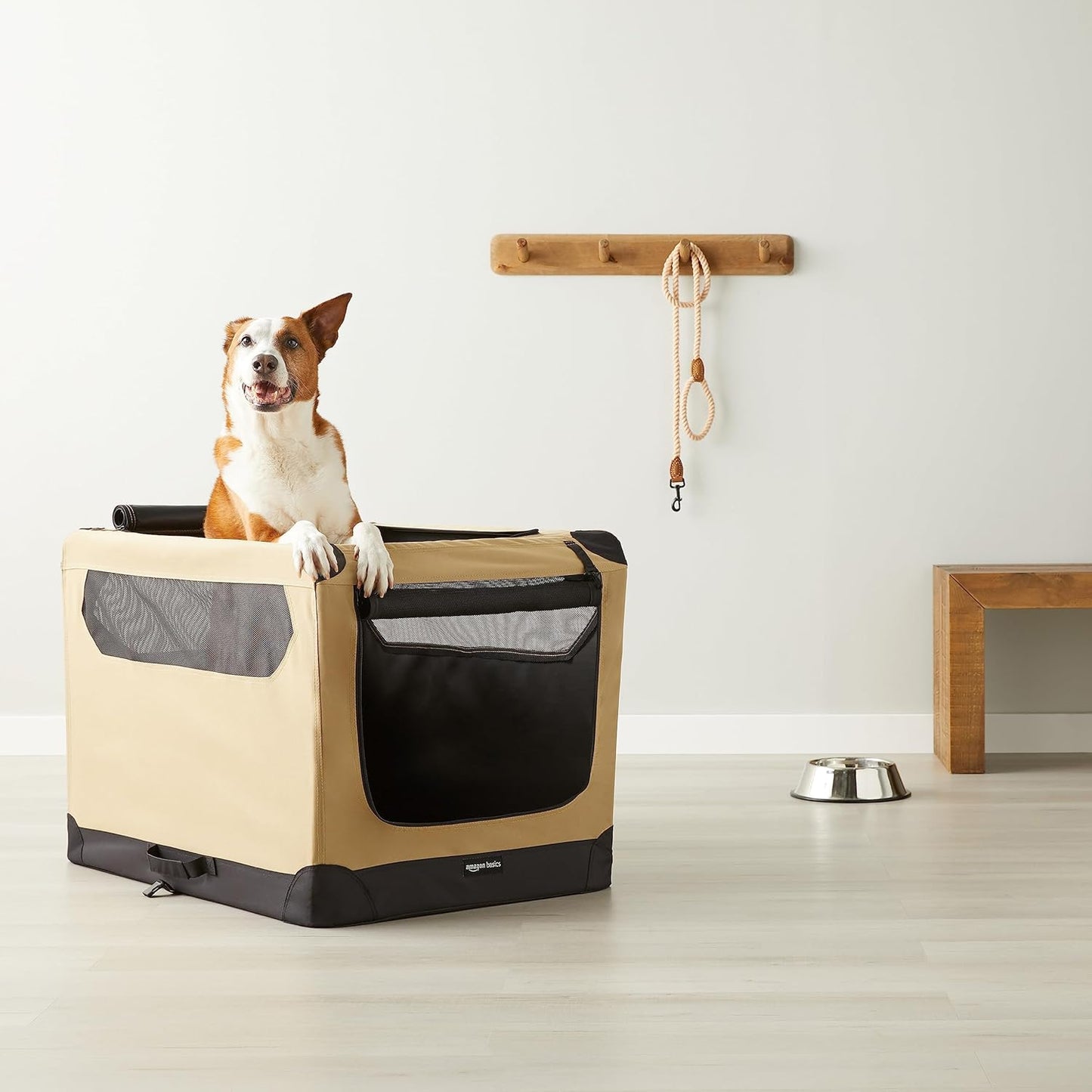 Amazon Basics Folding Soft Crate for Cat, Dog, Rabbit, Portable and Collapsible, 36 Inch, Tan, L 36" x 24" x 24"